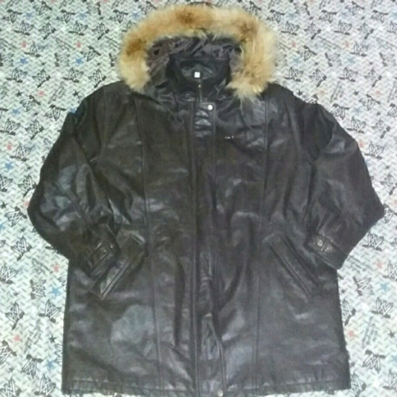 90s Raccoon Tail Fur Hood Genuine LeatherJacket Coat Vintage